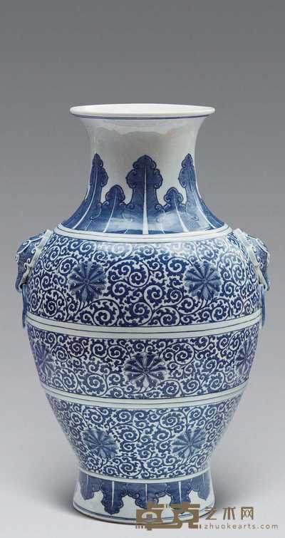 清 青花缠枝花卉纹双铺首瓶 高55.5cm；口径19.5cm；底径19.6cm